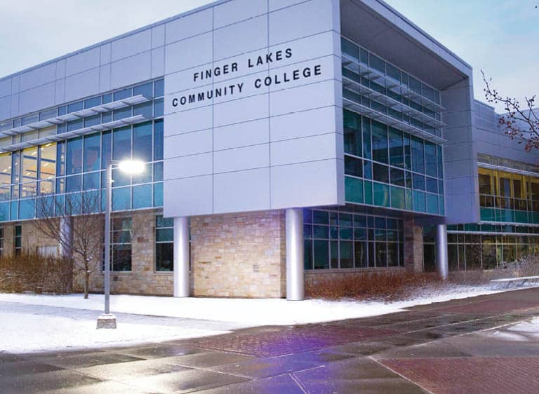 FLCC main campus and athletic facilities seen from above with Canandaigua Lake in the background.